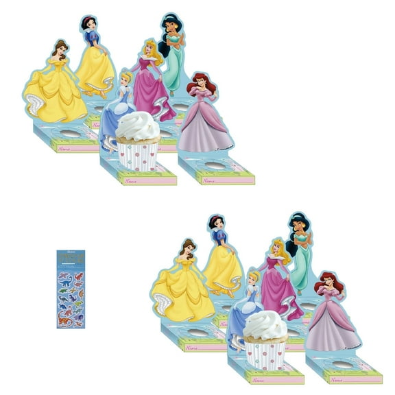 Disney Princess Birthday Party Supplies Bundle includes 2 Cupcake Holders holds 12 Cupcakes, 1 Dinosaur Sticker Sheet