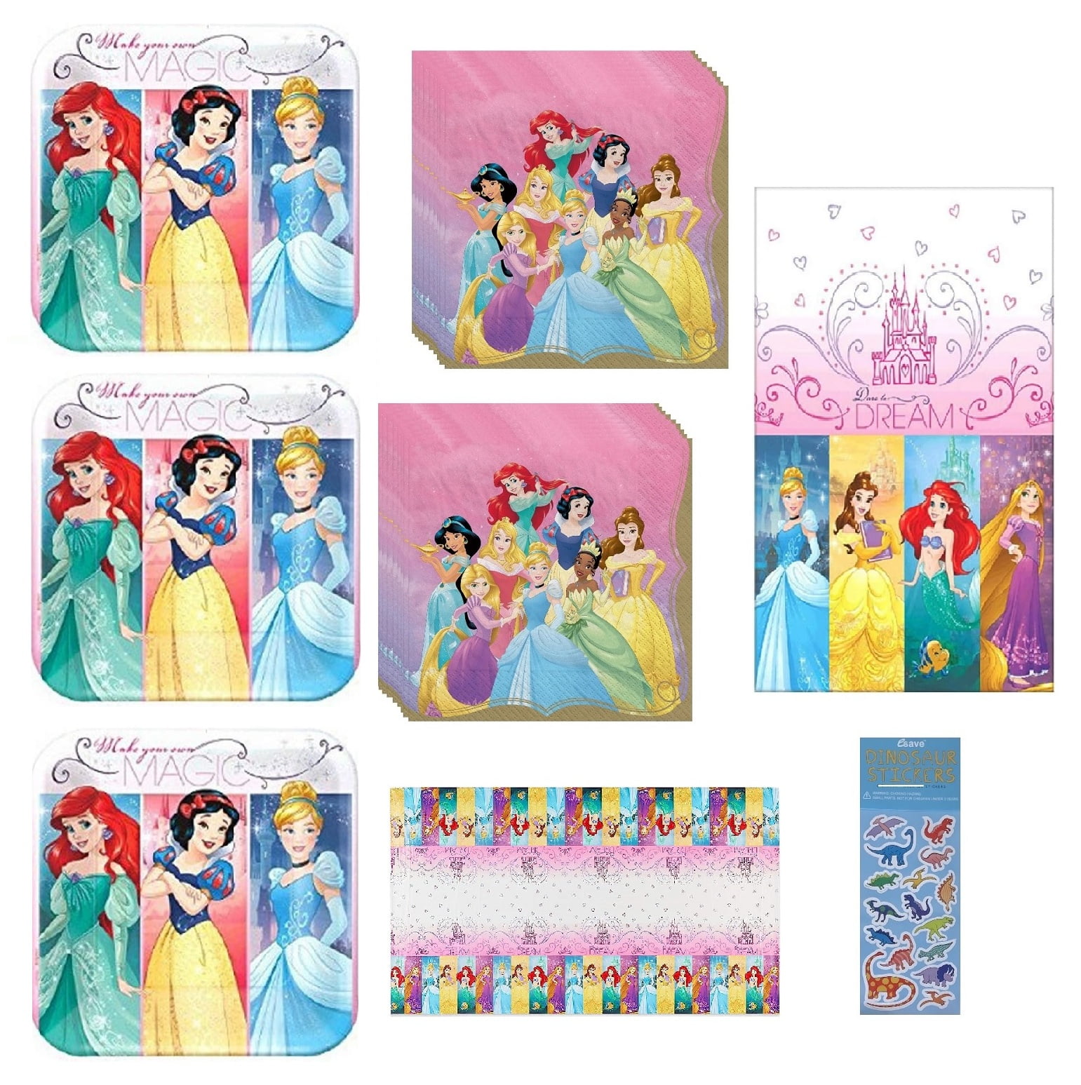 Disney Princess Birthday Party Supplies Bundle includes 24 Dessert Cake Paper Plates 6.5", 32 Beverage Cake Paper Napkins 2-Ply 5", 1 Plastic Table Covers 54" x 84", 1 Dinosaur Sticker Sheet