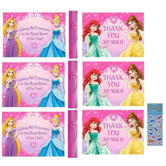 Disney Princess Birthday Party Supplies Bundle includes 24 Postcard Invitations with Envelopes, 24 Thank You Postcards, 1 Dinosaur Sticker Sheet