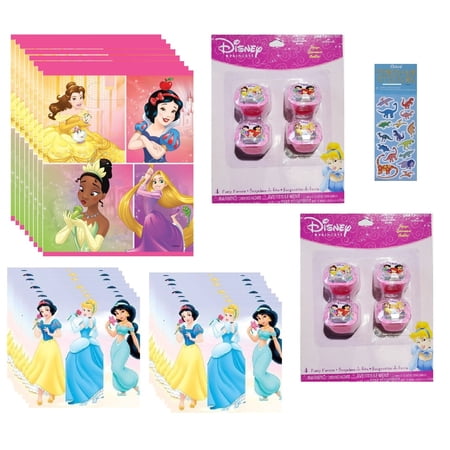 Disney Princess Birthday Party Supplies Bundle includes 8 Loot Bags, 8 Princess Mix-Up Activity Cards, 8 Rings, 1 Dinosaur Sticker Sheet