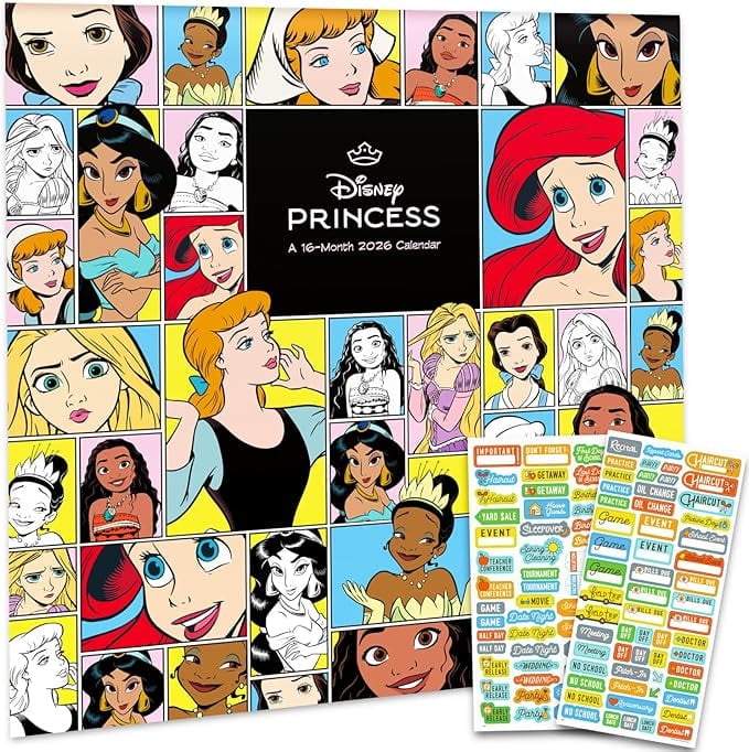Disney Princess Calendar 2026 - Deluxe 2026 Princesses Wall Calendar Bundle with Over 100 Reminder Stickers Featuring Ariel, Belle, Cinderella, More (Classic Disney Gifts, Office Supplies)
