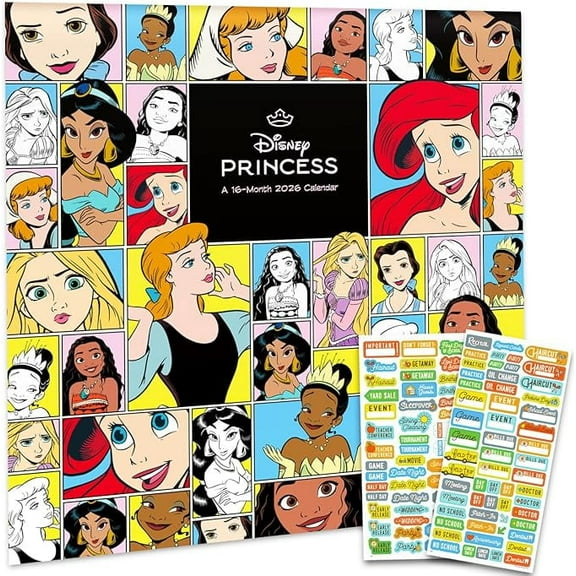 Disney Princess Calendar 2026 - Deluxe 2026 Princesses Wall Calendar Bundle with Over 100 Reminder Stickers Featuring Ariel, Belle, Cinderella, More (Classic Disney Gifts, Office Supplies)
