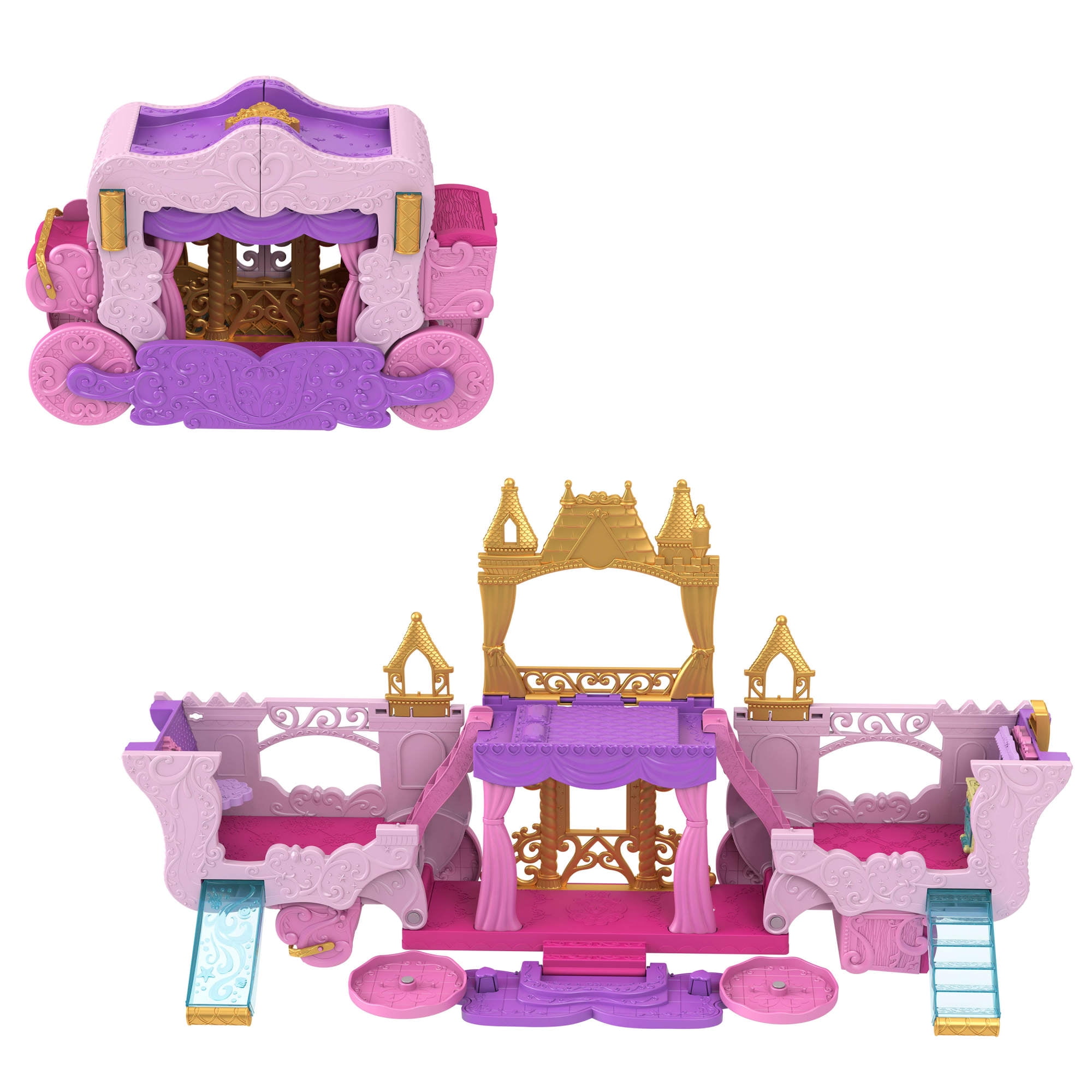 Disney Princess Carriage to Castle Transforming Playset with Aurora Small Doll, 4 Figures & 3 Levels