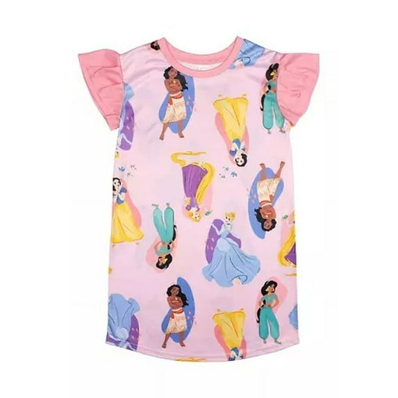 Disney Princess Character Girl's Pink Satinet Flutter Sleeve Nightgown, Gown (Size 8)
