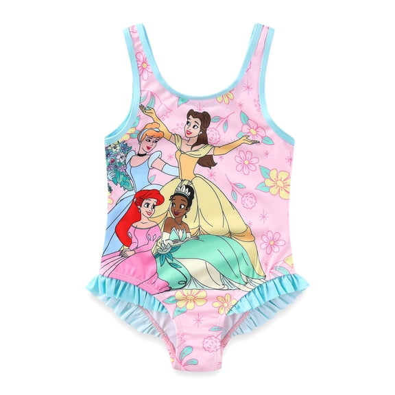 Disney Princess Cinderella Belle Tiana Ariel Swimsuit UPF 50+ One Piece Bathing Suit (Girls), Sizes 3T-7