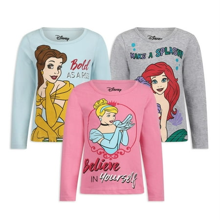 Disney Princess Cinderella, Belle and Ariel Girls 3 Pack Long Sleeve T-Shirts for Toddlers