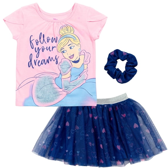 Disney Cinderella Big Girls' T-Shirt and Tutu Skirt Set with Scrunchie Navy Pink Cinderella