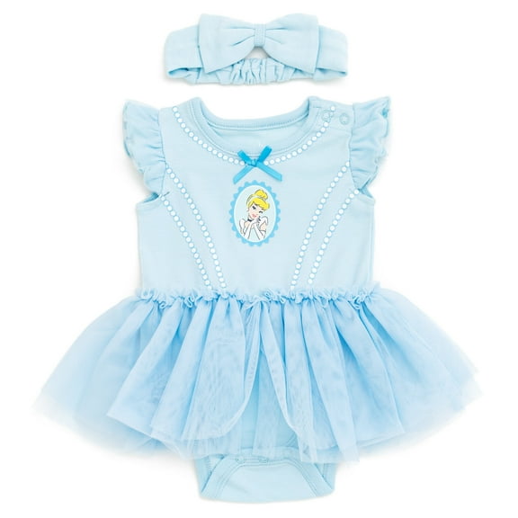 Disney Princess Cinderella Cosplay Bodysuit With Skirt Overlay & Headband Outfit Set Newborn to Infant