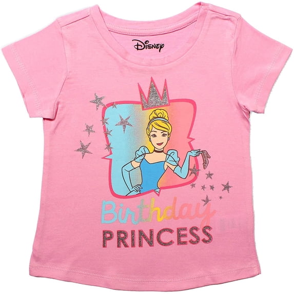 Disney Princess Cinderella Girl's Birthday Blouse Tee Shirt, Scoop Neck, Pink, Size 4