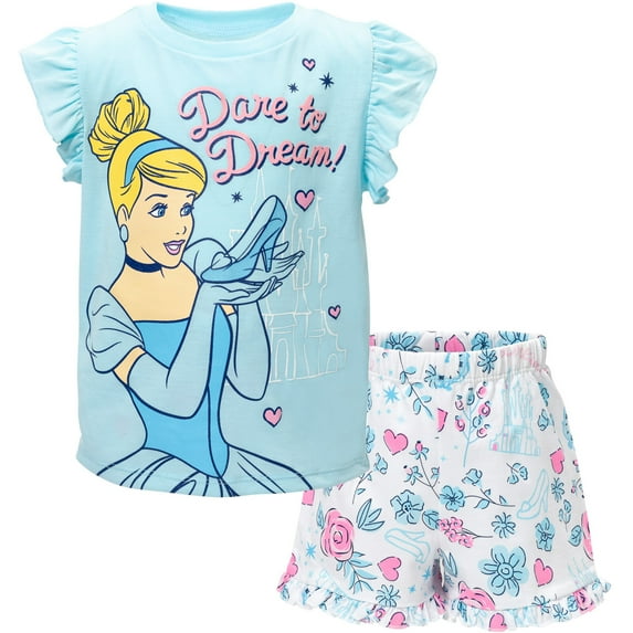 Disney Princess Cinderella Little Girls T-Shirt and French Terry Shorts Outfit Set Toddler to Big Kid