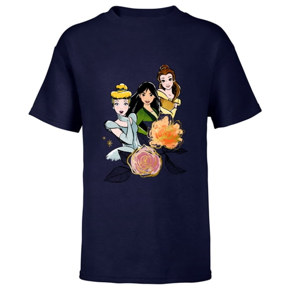 Disney Princess Cinderella Mulan Belle Floral - Short Sleeve T-Shirt for Kids - Customized-Navy