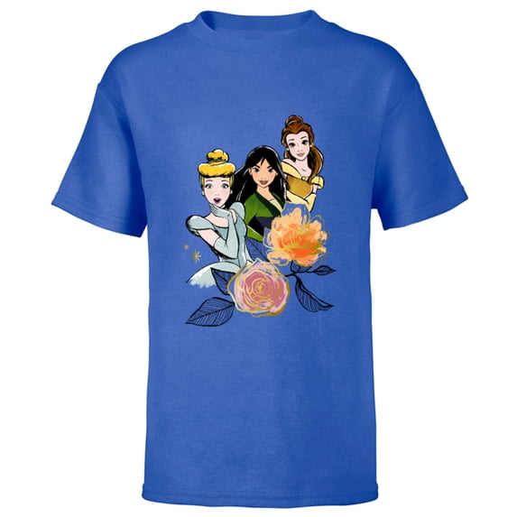Disney Princess Cinderella Mulan Belle Floral - Short Sleeve T-Shirt for Kids - Customized-Royal