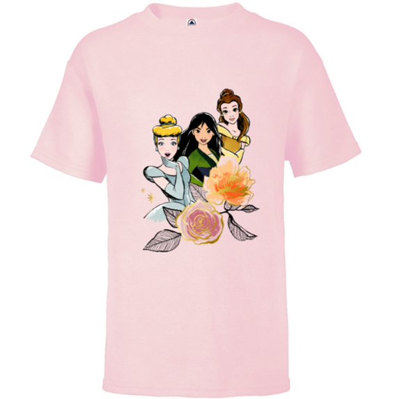 Disney Princess Cinderella Mulan Belle Floral - Short Sleeve T-Shirt for Kids - Customized-Soft Pink