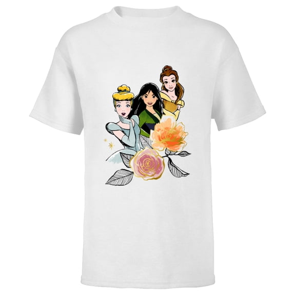 Disney Princess Cinderella Mulan Belle Floral - Short Sleeve T-Shirt for Kids - Customized-White