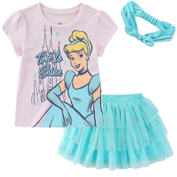 Disney Princess Cinderella Short Sleeve Shirt and Tulle Tutu Skirt with Headband (Girls), 3 Piece Set, Sizes 2T-10