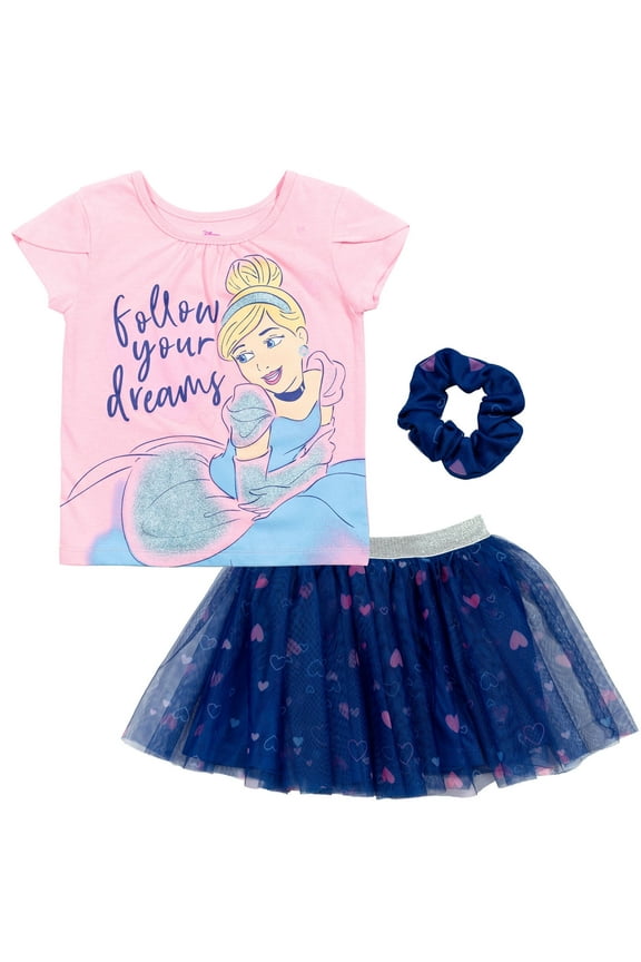 Princess Cinderella Toddler Girls T-Shirt Tulle Skirt and Scrunchie 3 Piece Outfit Set Toddler to Big Kid