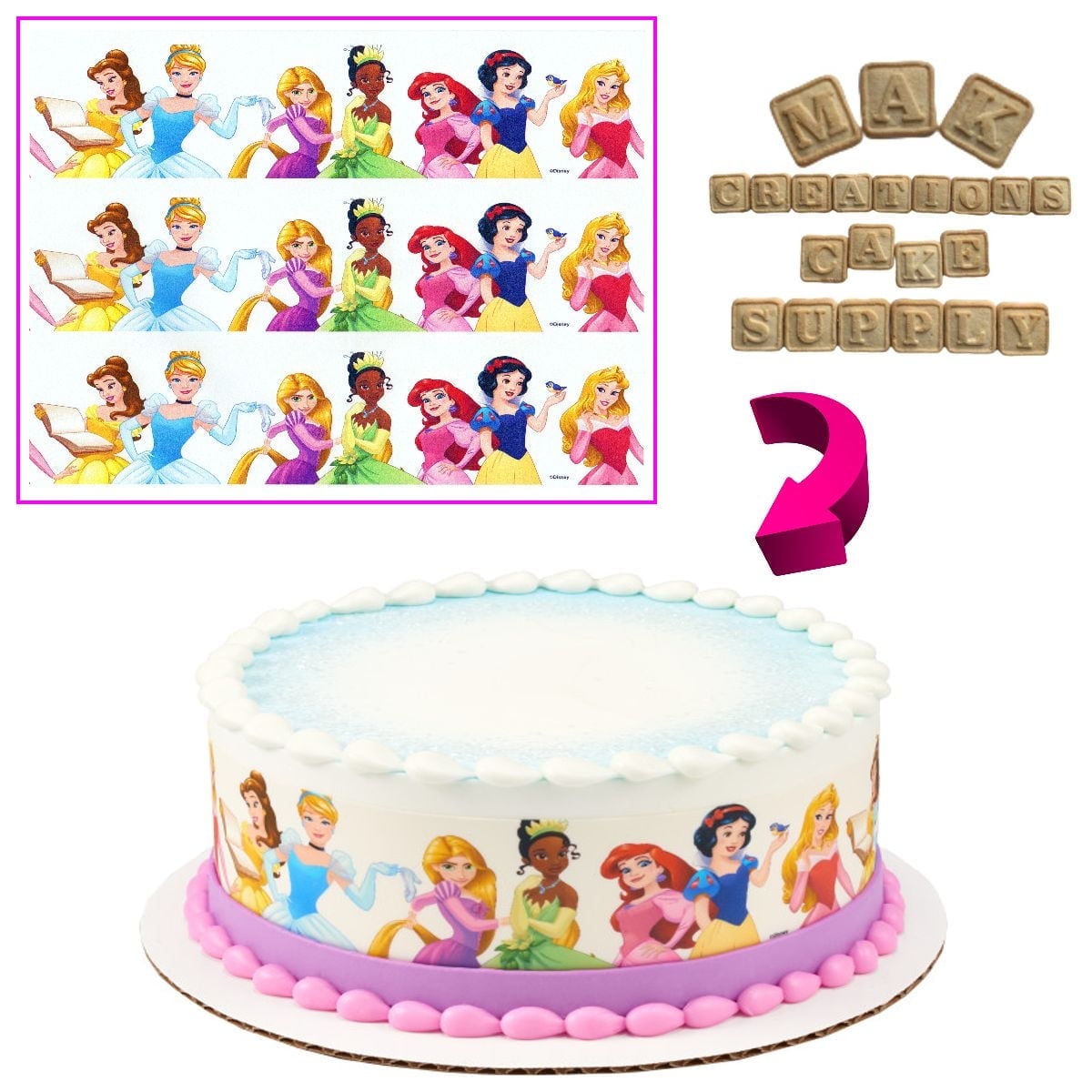 Disney Princess Edible Cake Strips ~ Cake Wrap ~ One sheet Wraps around ...
