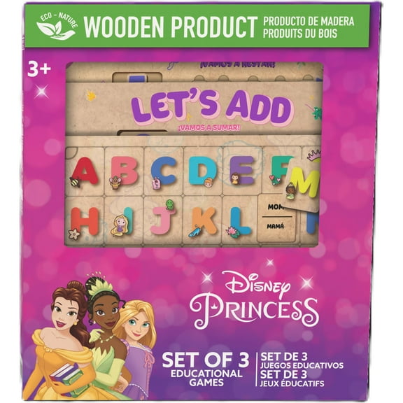 Disney: Princess Educational Games - Set Of 3 Wooden Puzzles, Alphabet-Addition-Subtraction, Bilingual, Core Math & ABC Play Based Learning, Kids 3+