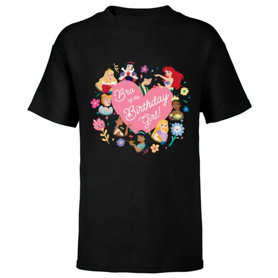 Disney Princess Family Heart Bro of the Birthday Girl - Short Sleeve T-Shirt for Kids - Customized-Black