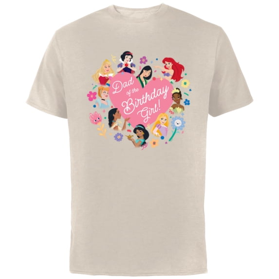 Disney Princess Family Heart Dad of the Birthday Girl - Short Sleeve Cotton T-Shirt for Adults - Customized-Natural