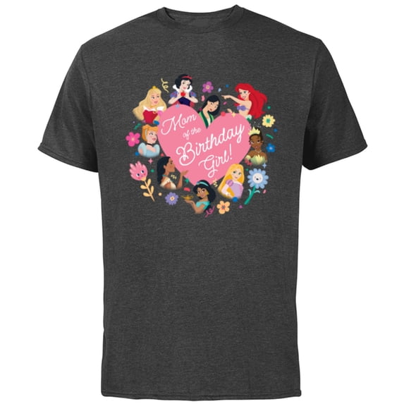 Disney Princess Family Heart Mom of the Birthday Girl - Short Sleeve Cotton T-Shirt for Adults - Customized-Charcoal