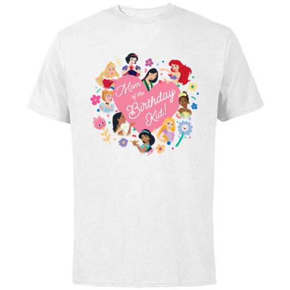 Disney Princess Family Heart Mom of the Birthday Kid - Short Sleeve Cotton T-Shirt for Adults - Customized-White