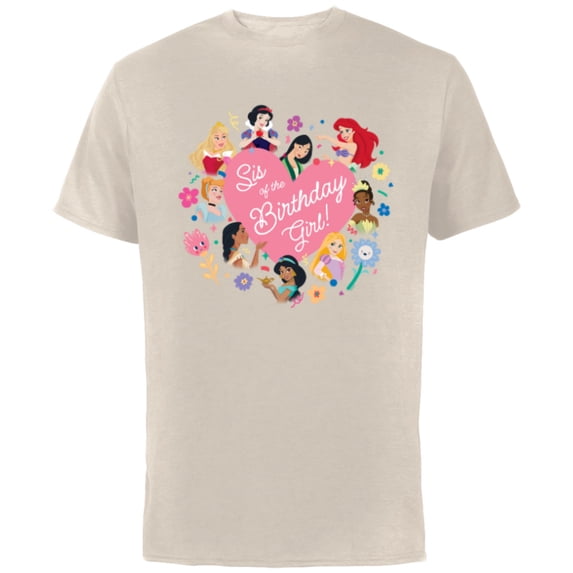 Disney Princess Family Heart Sis of the Birthday Girl - Short Sleeve Cotton T-Shirt for Adults - Customized-Natural