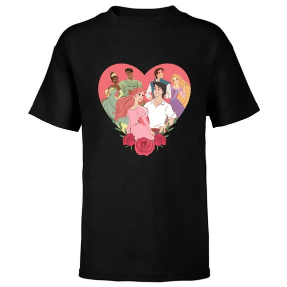 Disney Princess Favorite Movie Couples Valentine’s Day Love - Short Sleeve T-Shirt for Kids - Customized-Black