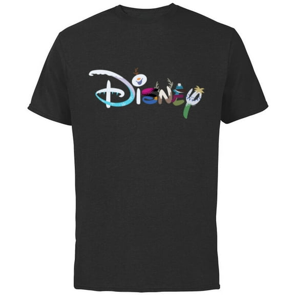 Disney Princess Frozen Characters Elsa Anna Olaf Disney Logo - Short Sleeve Cotton T-Shirt for Adults - Customized-Black