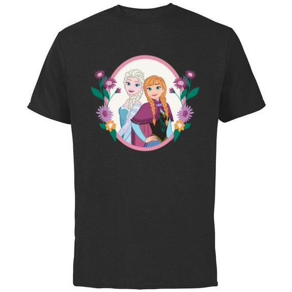 Disney Princess Frozen Elsa and Anna Easter Spring Flowers - Short Sleeve Cotton T-Shirt for Adults - Customized-Black