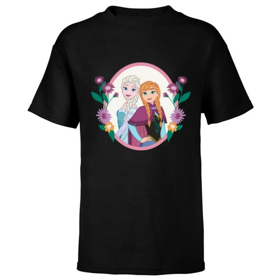 Disney Princess Frozen Elsa and Anna Easter Spring Flowers - Short Sleeve T-Shirt for Kids - Customized-Black