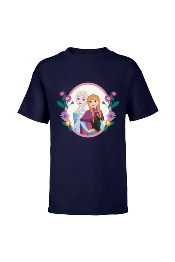 Princess Frozen Elsa and Anna Easter Spring Flowers - Short Sleeve T-Shirt for Kids - Customized-Navy