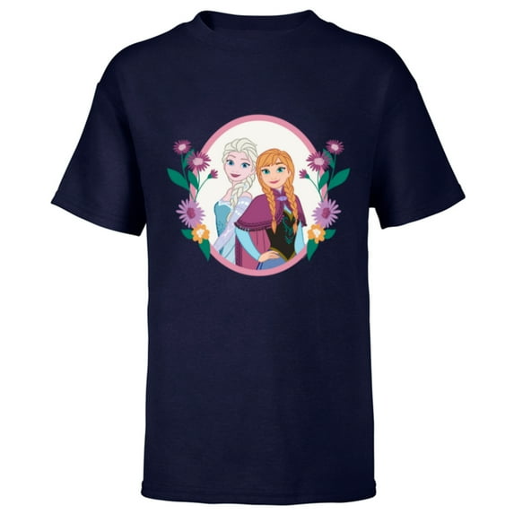 Disney Princess Frozen Elsa and Anna Easter Spring Flowers - Short Sleeve T-Shirt for Kids - Customized-Navy