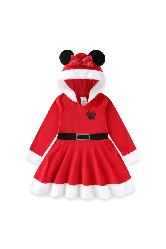 Princess Frozen Minnie Mouse Cosplay Christmas Holiday Long Sleeve Hooded Santa Dress for Toddler to Big Kids (Girls), Sizes 2T-8