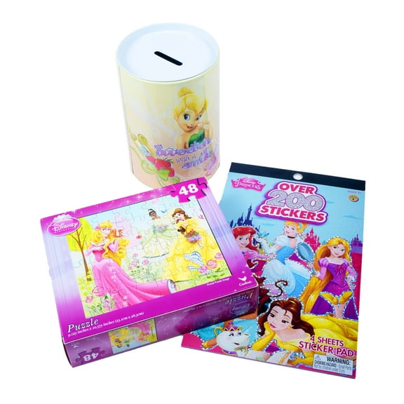Disney Princess Gift Ideas for Girls / Christmas Goodies (3-pck) Kids Ages 3+ / Disney Stickers, Coin Bank Jar  & Puzzle