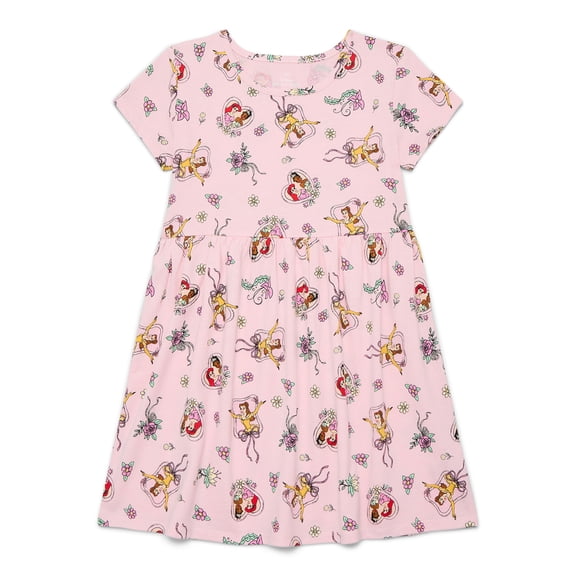 Disney Princess Girls Allover Print Dress with Short Sleeves, Sizes 4-12
