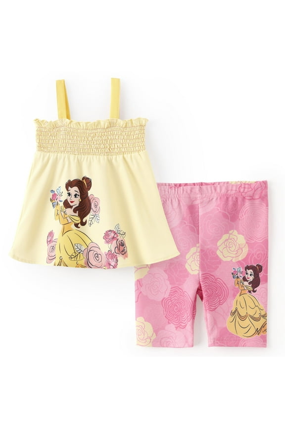 Princess Girls 2 Pcs Belle Graphic Ruffle Tee with Leggings Bike Shorts 2 Pieces Outfits Sets Toddler Kids 3-4T
