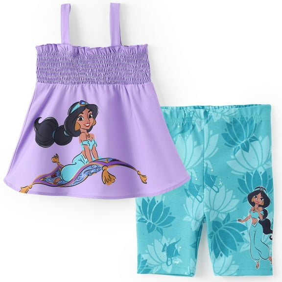Disney Princess Girls 2 Pcs Jasmine Graphic Ruffle Top with Leggings Bike Shorts Outfits Sets Toddler Kids 4-5T