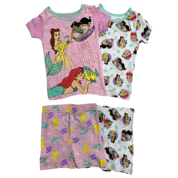 Disney Princess Girls 4pc Pajamas Pink Tee Shirt & Shorts Sleep Set 4