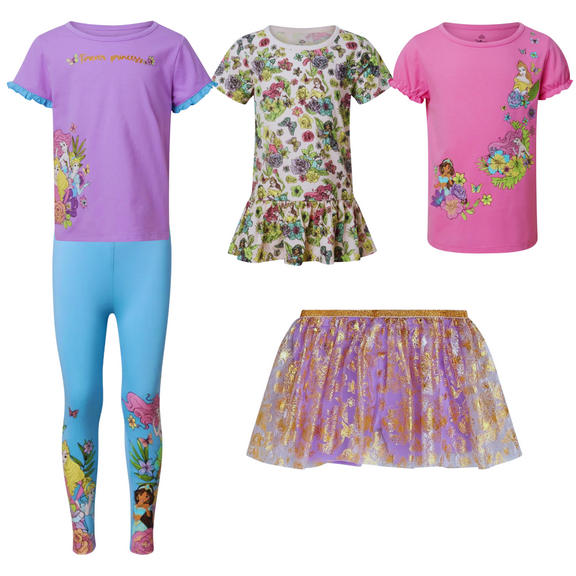 Disney Princess Girls 5-Piece Outfit Set with Tops, Leggings, and Skirt, Size 3T