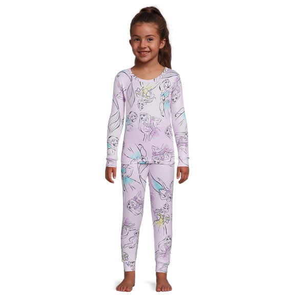 Disney Princess Girls Allover Print Long Sleeve Top and Pants Cozy Jersey Pajama Set, 2-Piece, Sizes 4-10