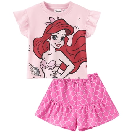Disney Princess Girls Ariel Graphic Crop Tee and Mermaid Dress-Style Shorts Summer Pink Outfit Set Baby Toddlers 2T