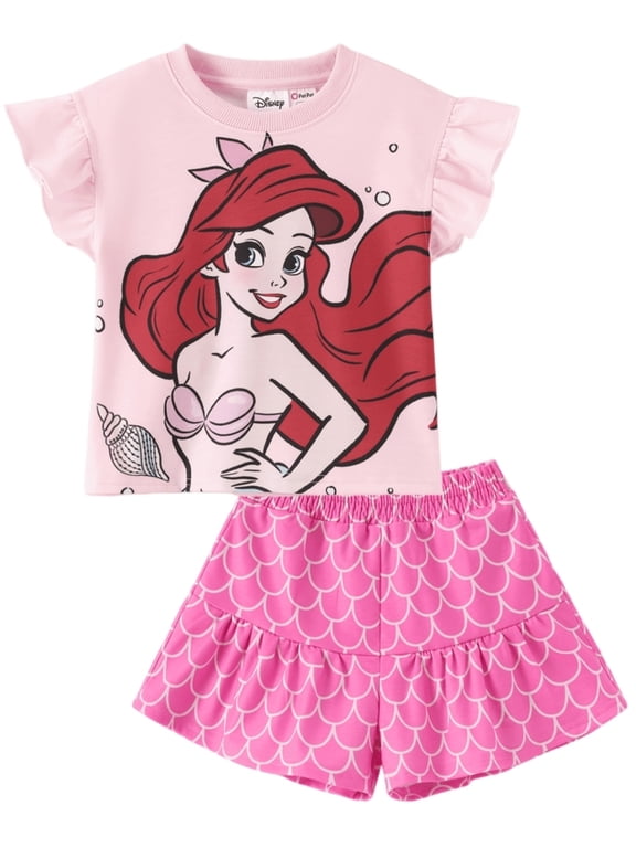 Princess Girls Ariel Graphic Crop Tee and Mermaid Dress-Style Shorts Summer Pink Outfit Set Baby Toddlers 2T