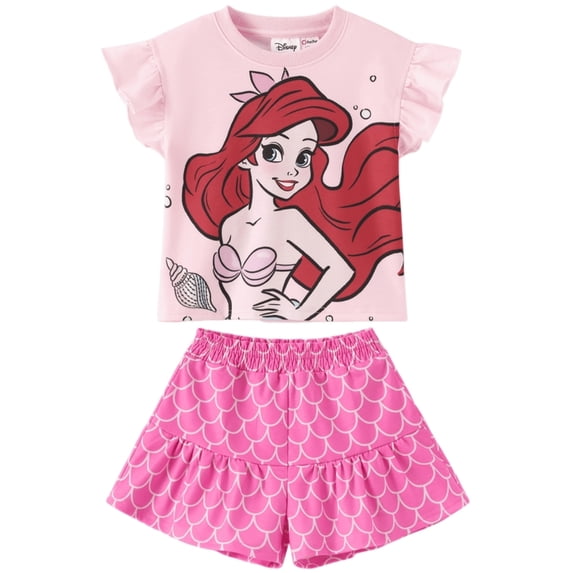 Disney Princess Girls Ariel Graphic Crop Tee and Mermaid Dress-Style Shorts Summer Pink Outfit Set Baby Toddlers 2T