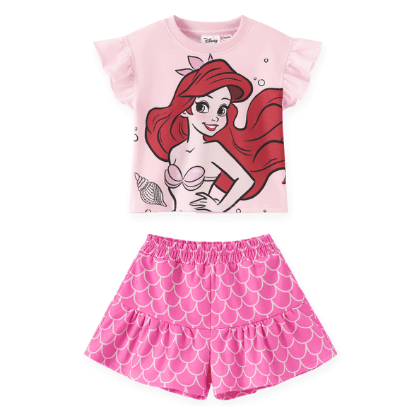 Disney Princess Girls Ariel Graphic Crop Tee and Mermaid Dress-Style Shorts Summer Pink Outfit Set Baby Toddlers 2T