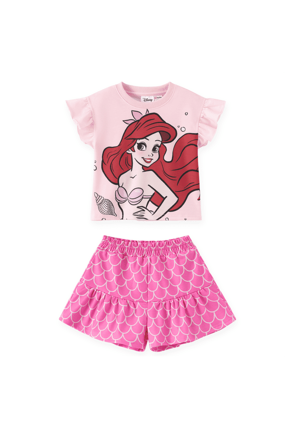 Princess Girls Ariel Graphic Crop Tee and Mermaid Dress-Style Shorts Summer Pink Outfit Set Baby Toddlers 2T