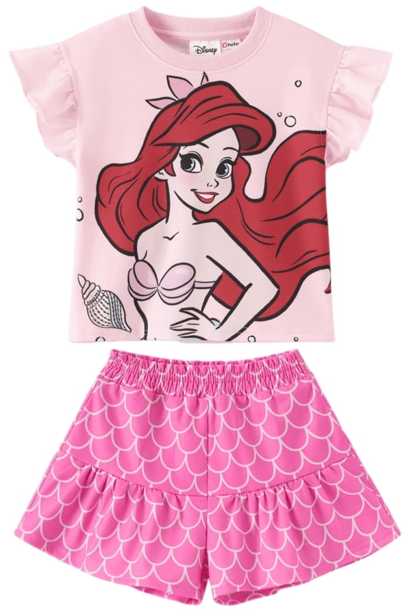 Disney Princess Girls Ariel Graphic Crop Tee and Mermaid Dress-Style Shorts Summer Pink Outfit Set Toddlers Kids 3-4T