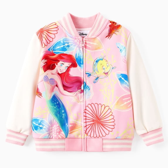 Disney Princess Girls Bomber Jacket Ariel Zip Up Varsity Lightweight Sweatshirts Gift Fall Spring Toddler Kids 3-4T