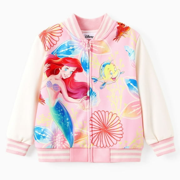 Disney Princess Girls Bomber Jacket Ariel Zip Up Varsity Lightweight Sweatshirts Gift Fall Spring Toddler Kids 4-5T
