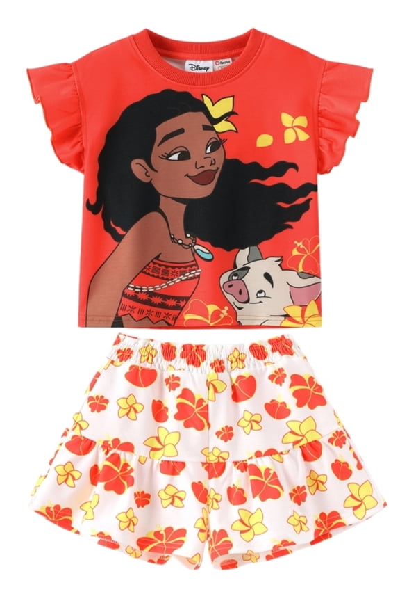 Princess Girls Clothes Moana Graphic Crop T-shirt and Flower Skirt-Look Dressy Shorts Summer School Outfit Set Toddlers Kids 3-4T